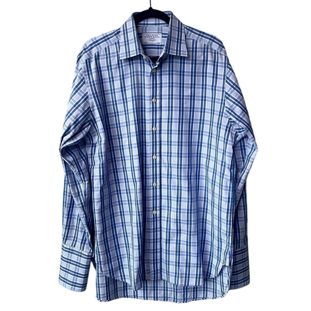 Charles Tyrwhitt Men's Blue Plaid 16x35 Collared Cotton Button‎ Down Shirt
